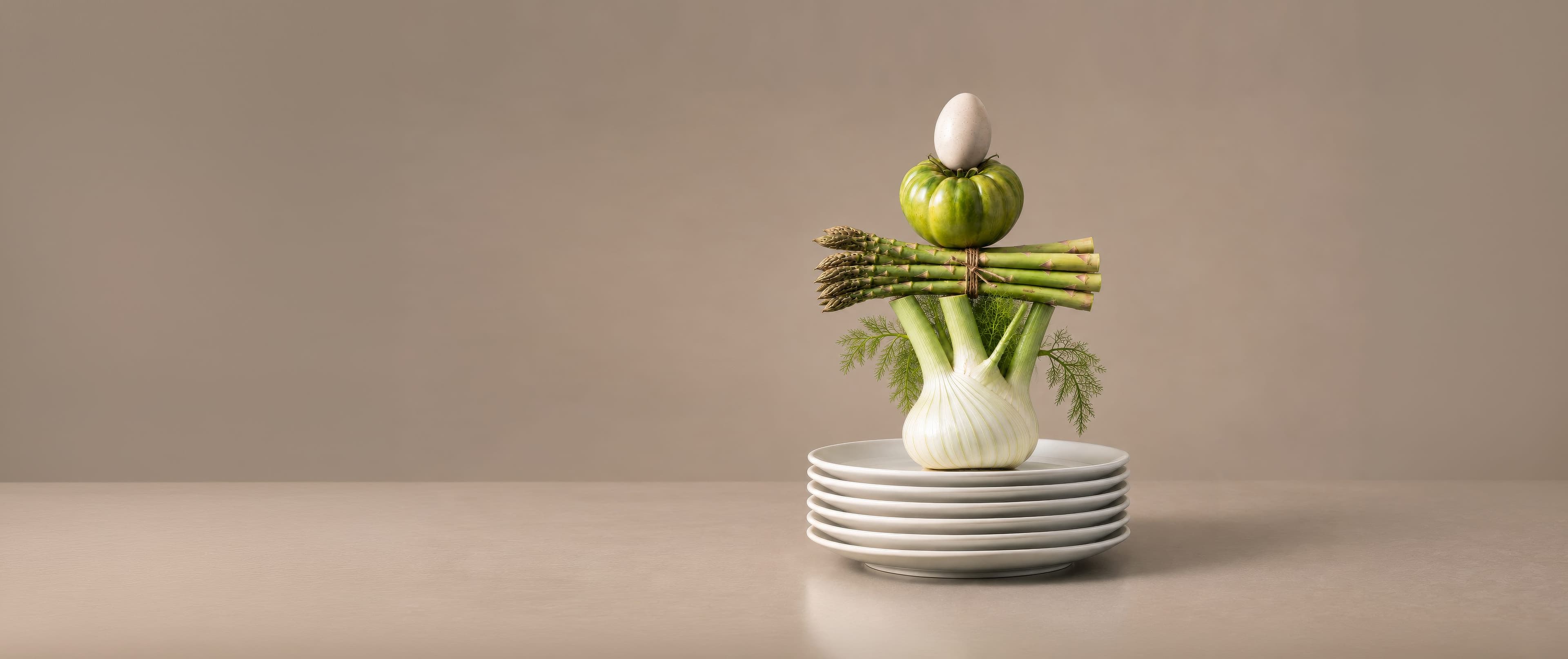Egg, tomato, asparagus and fennel on plates